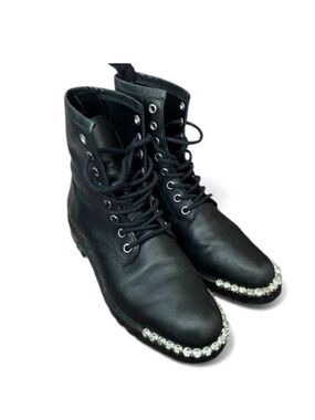 Schutz Black Leather Lace-Up Boots with Crystal Toe Trim, size 5